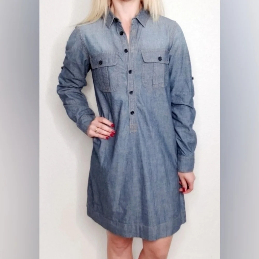 J. Crew Blue Chambray Mini Shirtdress Longsleeve‎ Blue Womens Size Small